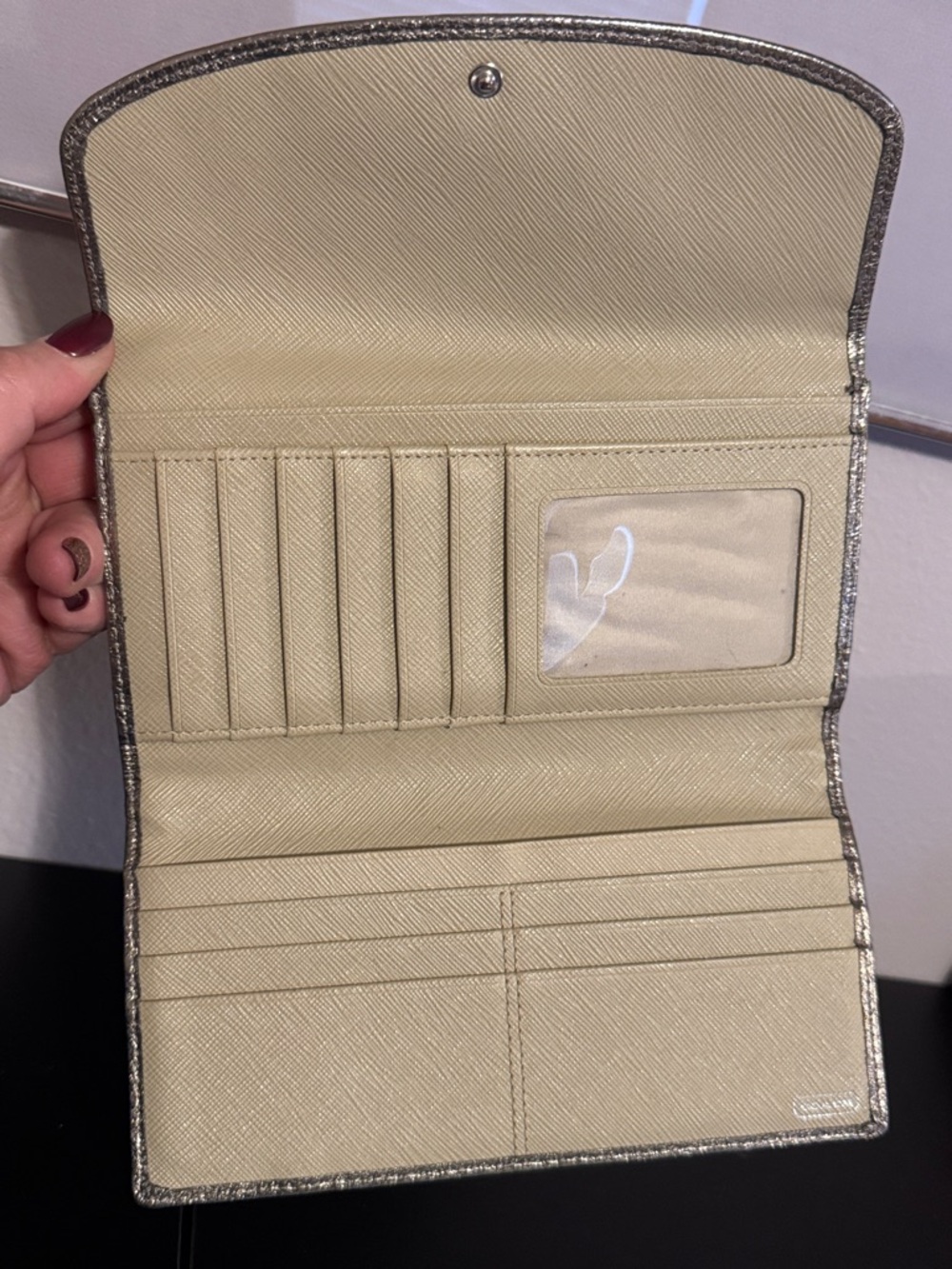 Coach Metallic Silver and Khaki Signature Continental Wallet - Picture 11 of 13